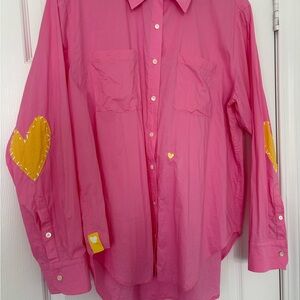 Kerri Rosenthal Bright Pink Collared Button Shirt with Yellow Heart Tag